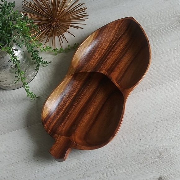 Vintage Leilani Monkey-Pod Wood Tray leaf divided - Picture 2 of 8